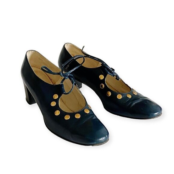 Vintage Roger Vivier Navy Blue Leather Ghillie Pumps with Metal Ornamentation, N - Picture 3 of 16